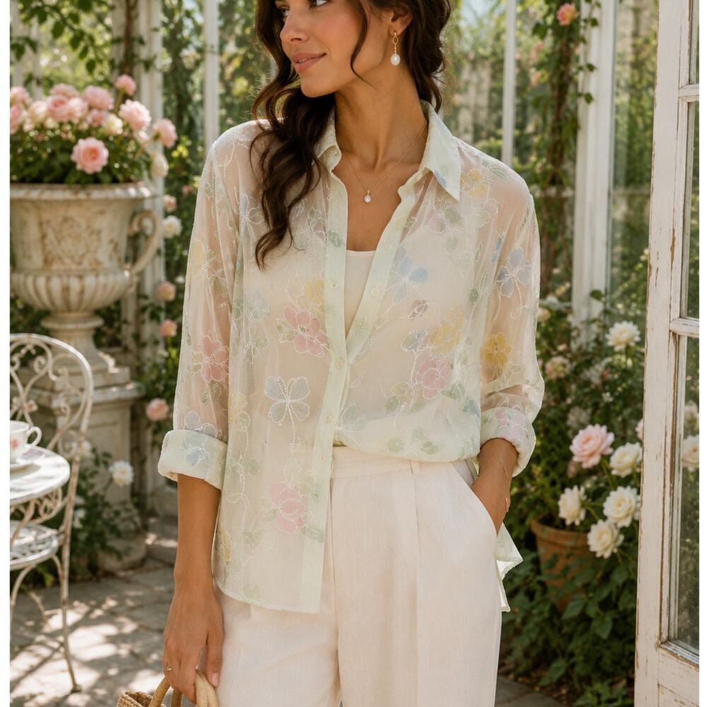 Vintage BonWorth Sheer Pastel Floral Embroidered Button Front Blouse size Large